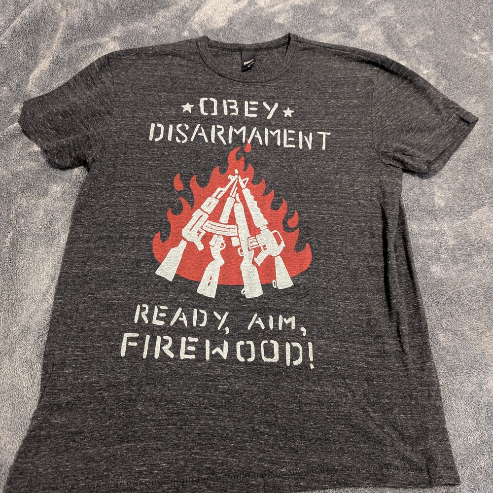 Obey 2007 Charcoal Graphic Tee with Red and White Design